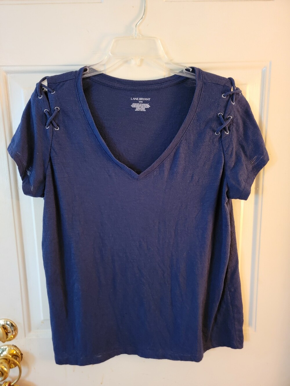 Lane Bryant Navy V-Neck Short Sleeve Top with Lace-Up Shoulders